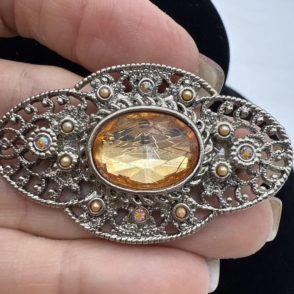 Vintage Peach Lucite Cabochon Victorian Bridgerton Style Brooch Pin READ